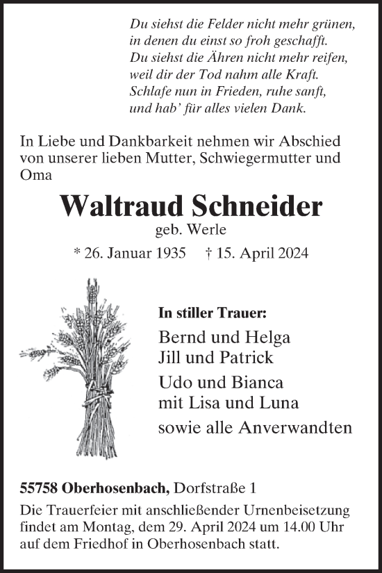 Traueranzeige von Waltraud Schneider von WochenSpiegel