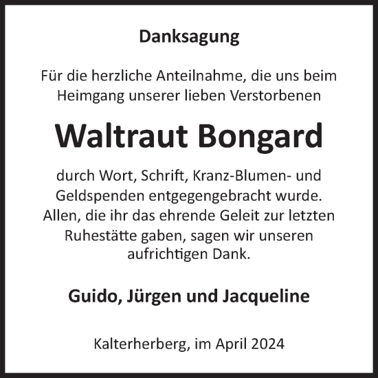 Traueranzeige von Waltraut Bongard von WochenSpiegel