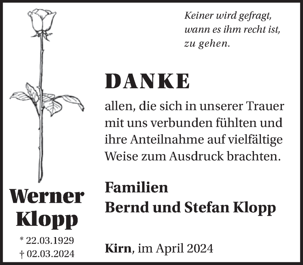  Traueranzeige für Werner Klopp vom 06.04.2024 aus WochenSpiegel