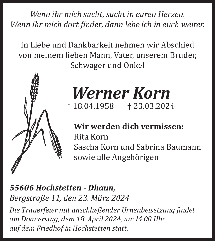  Traueranzeige für Werner Korn vom 13.04.2024 aus WochenSpiegel