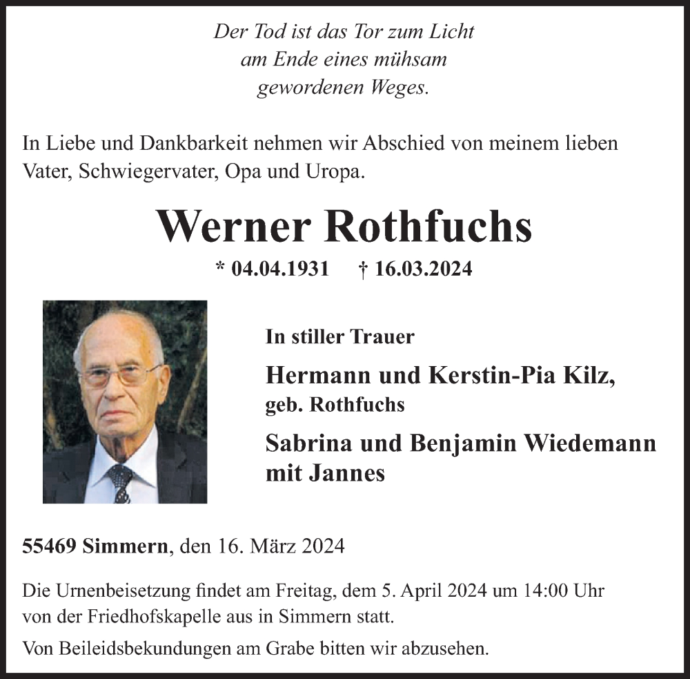  Traueranzeige für Werner Rothfuchs vom 30.03.2024 aus WochenSpiegel