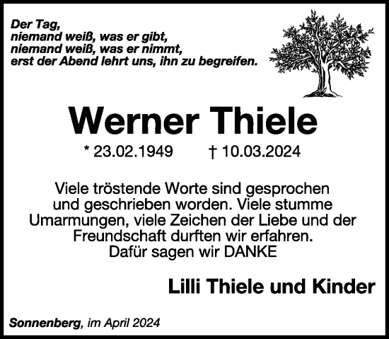Traueranzeige von Werner Thiele von WochenSpiegel