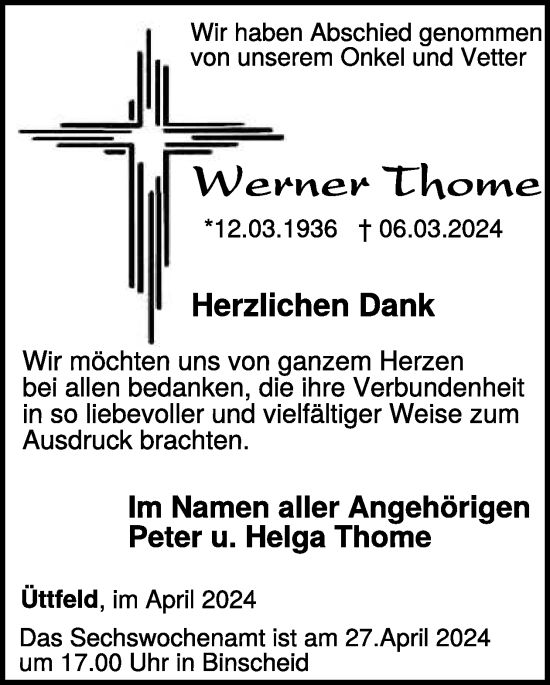 Traueranzeige von Werner Thome von WochenSpiegel
