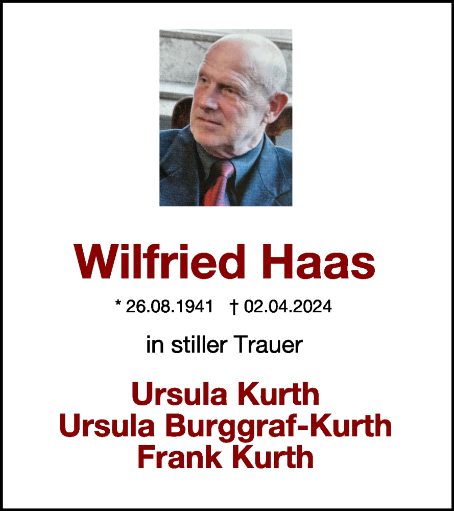  Traueranzeige für Wilfried Haas vom 10.04.2024 aus WochenSpiegel
