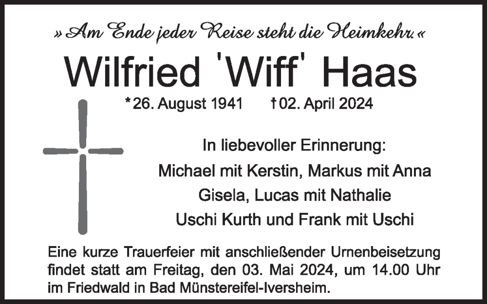  Traueranzeige für Wilfried Haas vom 24.04.2024 aus WochenSpiegel