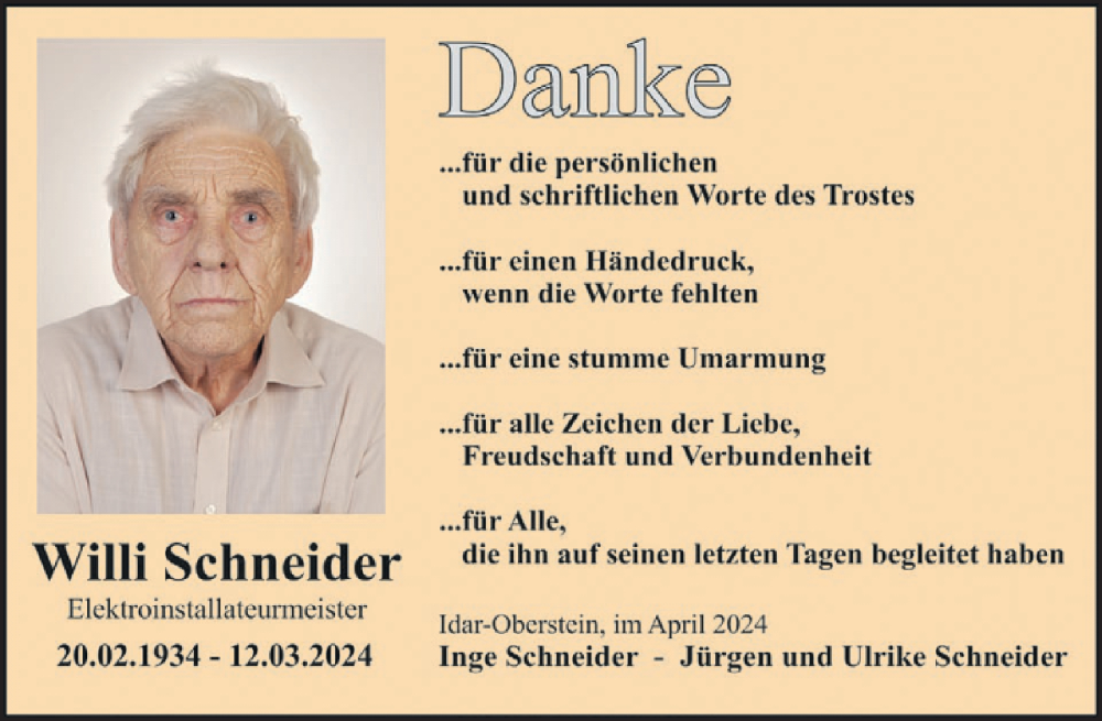  Traueranzeige für Willi Schneider vom 20.04.2024 aus WochenSpiegel