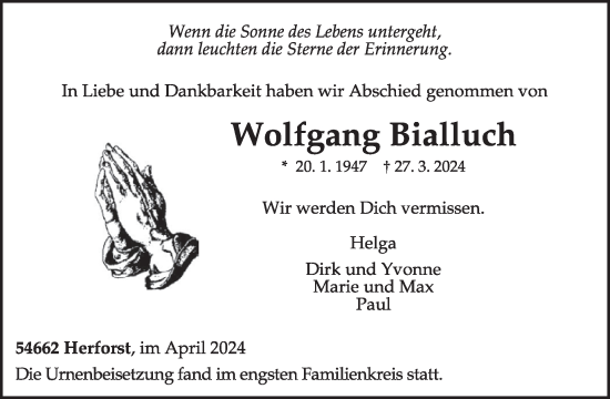 Traueranzeige von Wolfgang Bialluch von WochenSpiegel