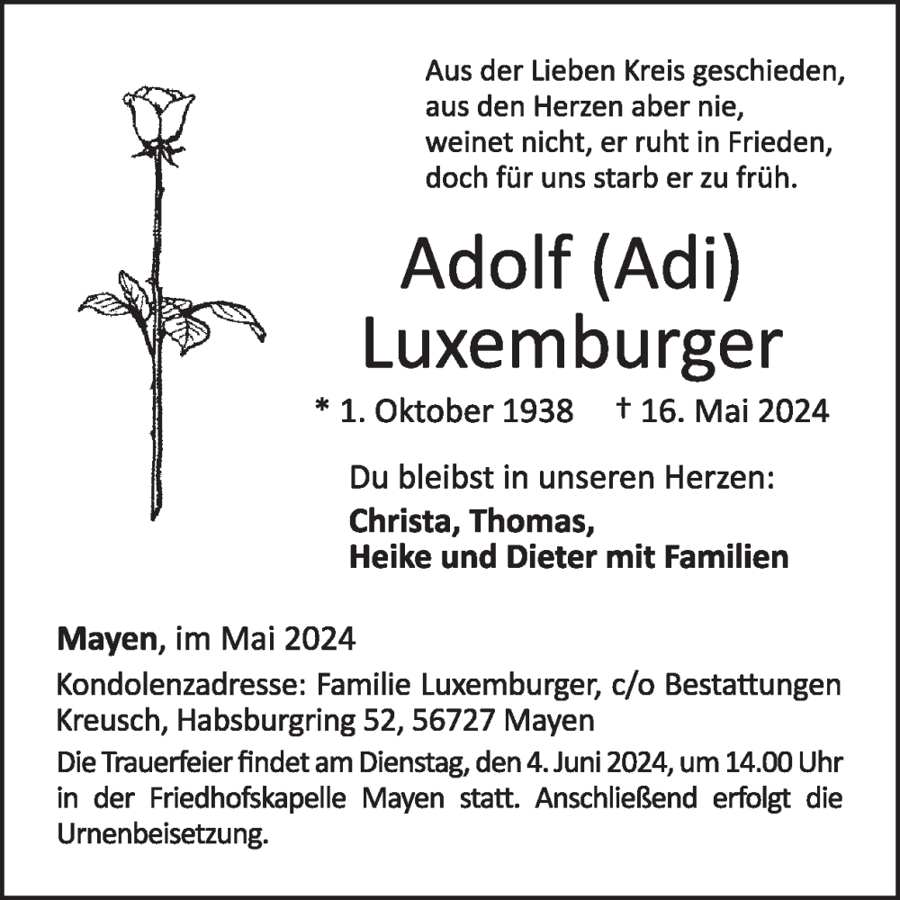  Traueranzeige für Adolf Luxemburger vom 29.05.2024 aus WochenSpiegel