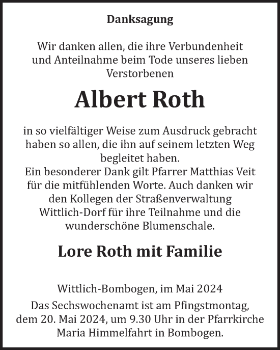 Traueranzeige von Albert Roth von WochenSpiegel