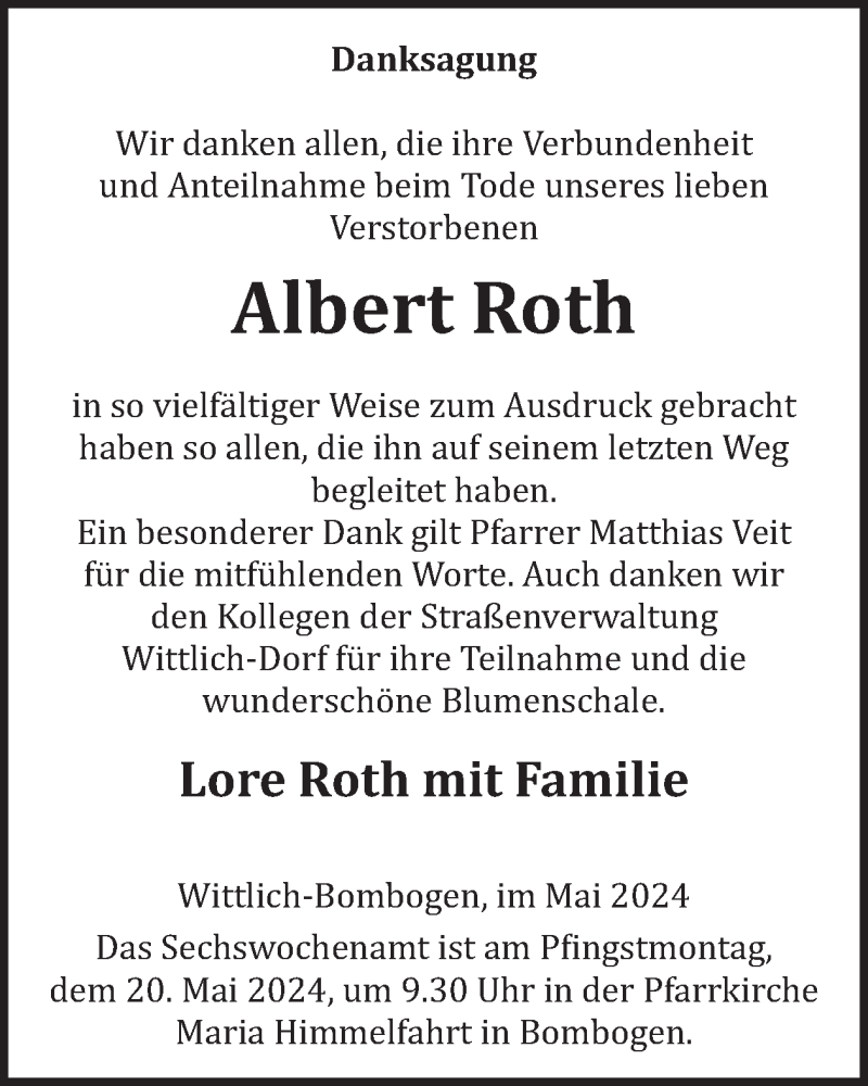  Traueranzeige für Albert Roth vom 10.05.2024 aus WochenSpiegel
