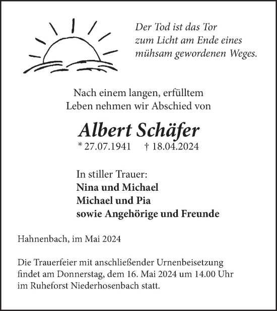Traueranzeige von Albert Schäfer von WochenSpiegel
