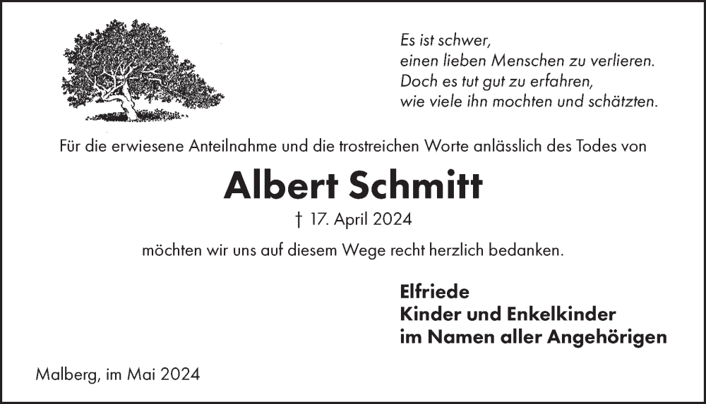  Traueranzeige für Albert Schmitt vom 31.05.2024 aus WochenSpiegel
