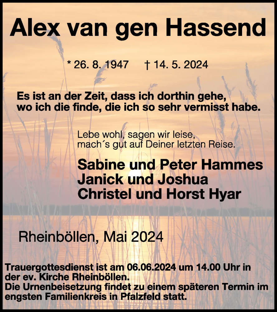  Traueranzeige für Alex van gen Hassend vom 25.05.2024 aus WochenSpiegel