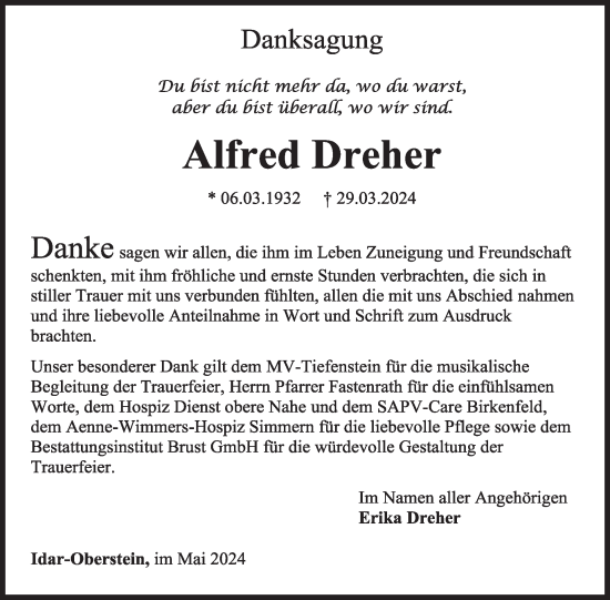 Traueranzeige von Alfred Dreher von WochenSpiegel