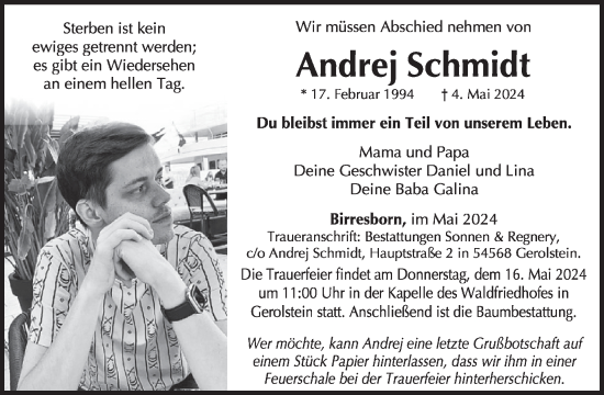 Traueranzeige von Andrej Schmidt von WochenSpiegel