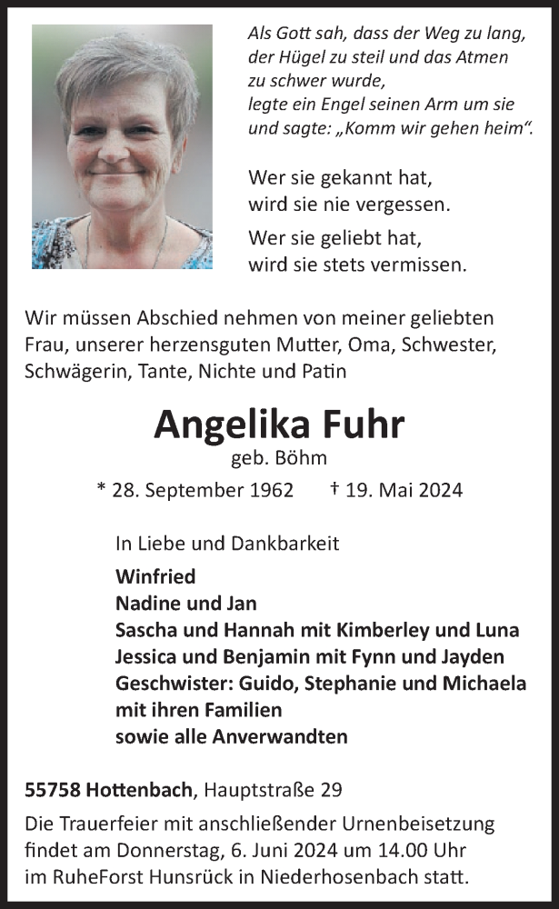  Traueranzeige für Angelika Fuhr vom 25.05.2024 aus WochenSpiegel