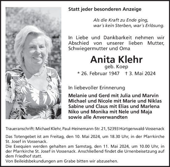 Traueranzeige von Anita Klehr von WochenSpiegel