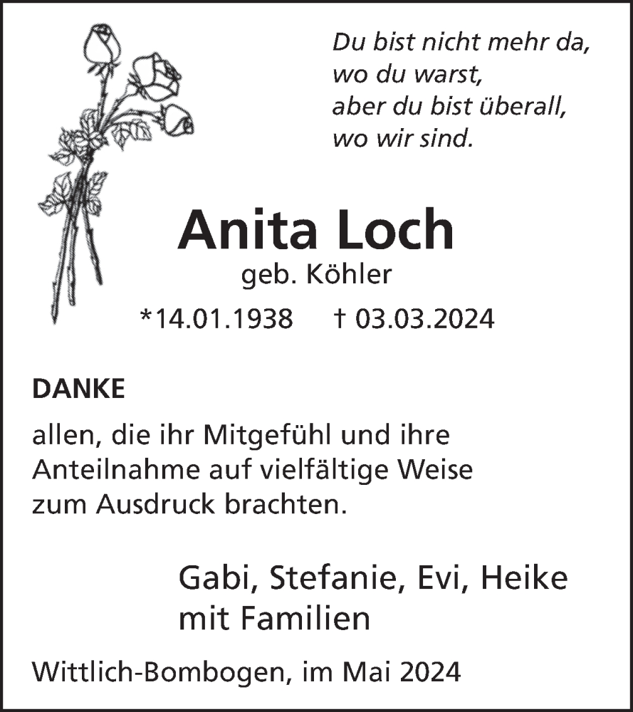  Traueranzeige für Anita Loch vom 10.05.2024 aus WochenSpiegel