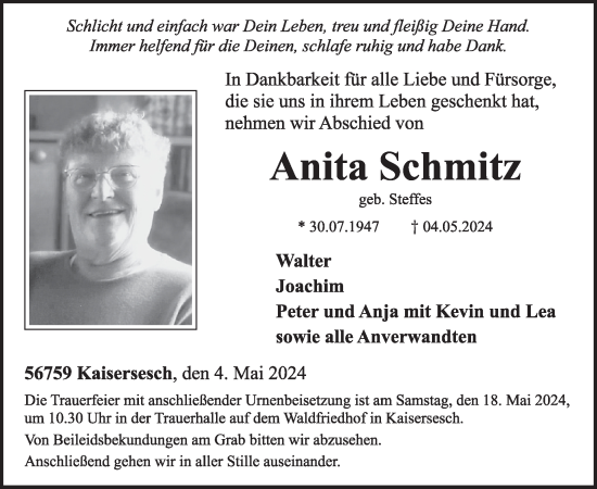 Traueranzeige von Anita Schmitz von WochenSpiegel