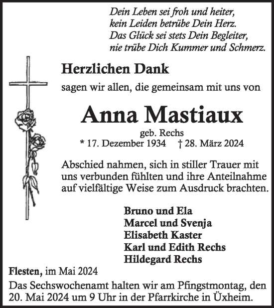 Traueranzeige von Anna Mastiaux von WochenSpiegel