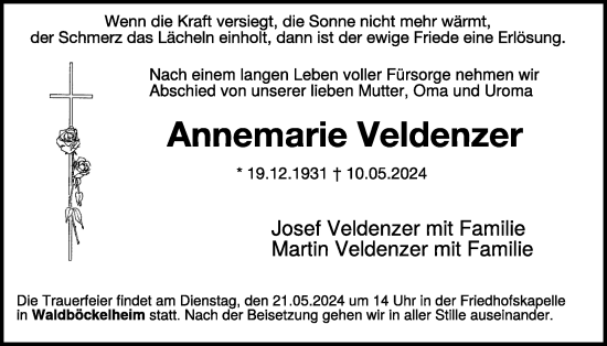 Traueranzeige von Annemarie Veldenzer von WochenSpiegel