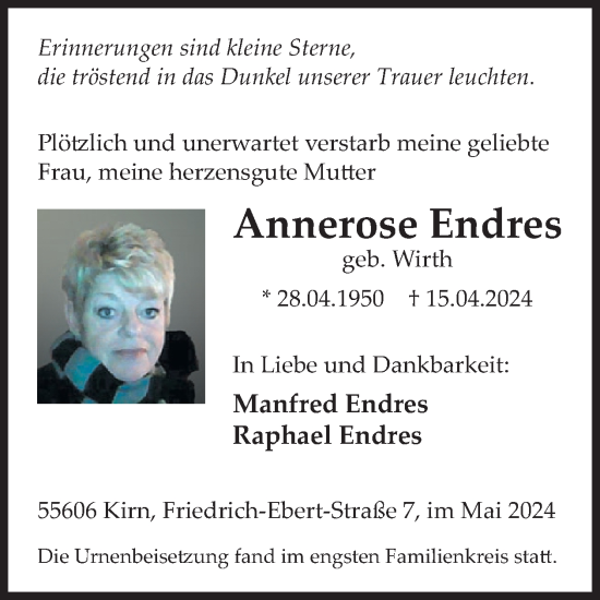 Traueranzeige von Annerose Endres von WochenSpiegel
