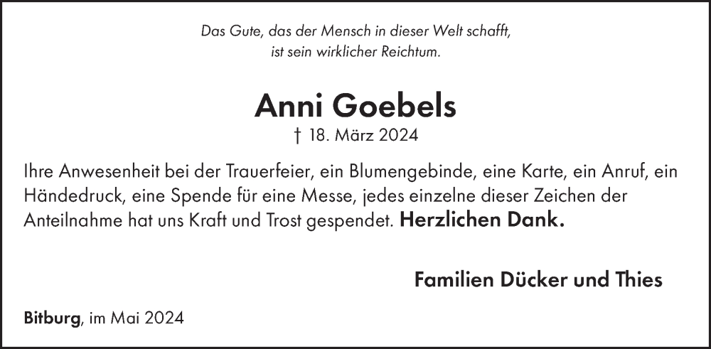  Traueranzeige für Anni Goebels vom 03.05.2024 aus WochenSpiegel