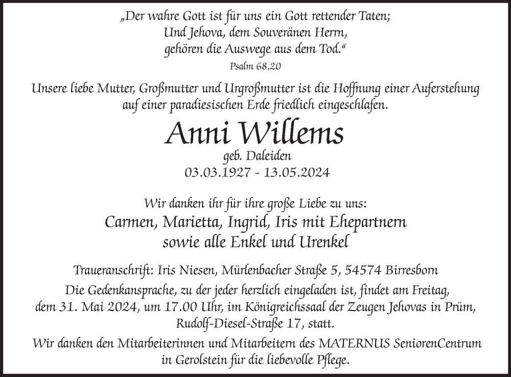  Traueranzeige für Anni Willems vom 24.05.2024 aus WochenSpiegel