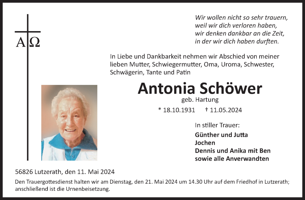  Traueranzeige für Antonia Schöwer vom 15.05.2024 aus WochenSpiegel