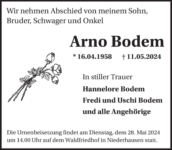 Traueranzeige von Arno Bodem von WochenSpiegel