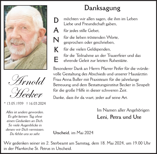 Traueranzeige von Arnold Hecker von WochenSpiegel
