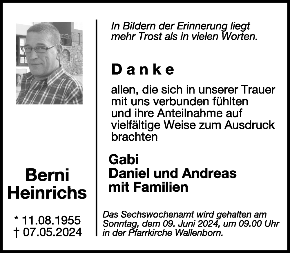  Traueranzeige für Berni Heinrichs vom 25.05.2024 aus WochenSpiegel