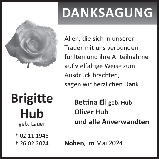 Traueranzeige von Brigitte Hub von WochenSpiegel
