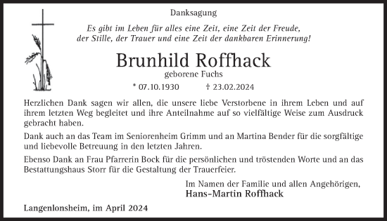 Traueranzeige von Brunhild Roffhack von WochenSpiegel