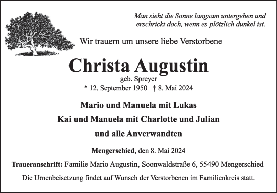 Traueranzeige von Christa Augustin von WochenSpiegel