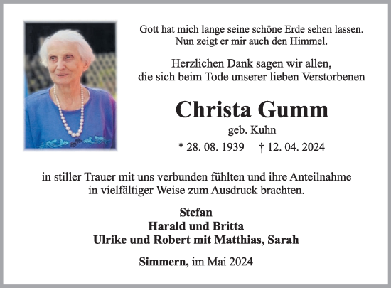 Traueranzeige von Christa Gumm von WochenSpiegel