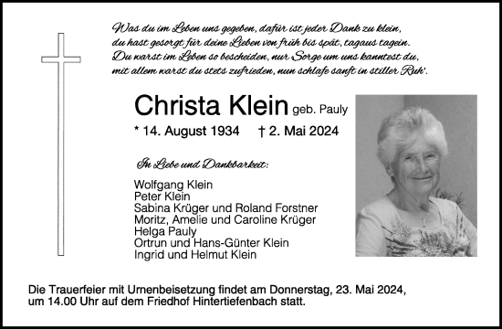 Traueranzeige von Christa Klein von WochenSpiegel