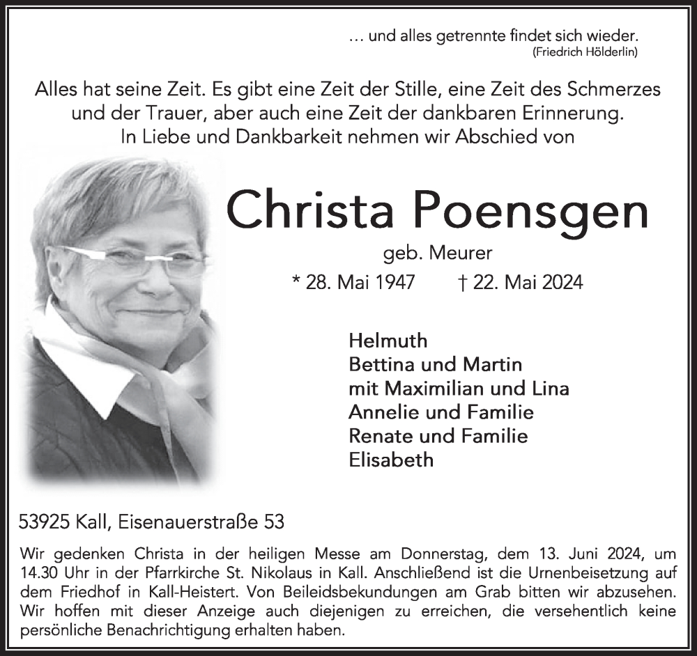  Traueranzeige für Christa Poensgen vom 29.05.2024 aus WochenSpiegel