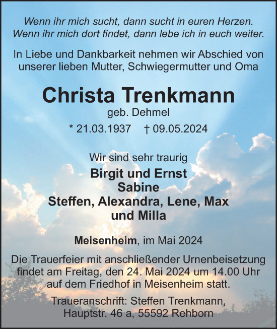 Traueranzeige von Christa Trenkmann von WochenSpiegel