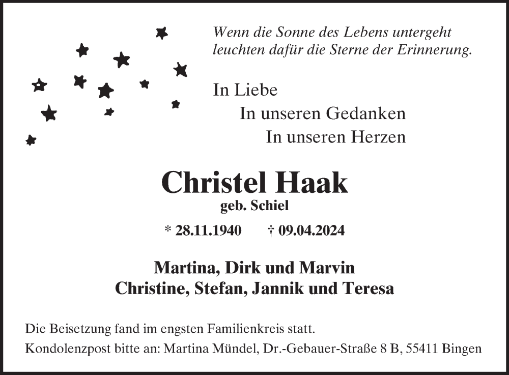  Traueranzeige für Christel Haak vom 04.05.2024 aus WochenSpiegel