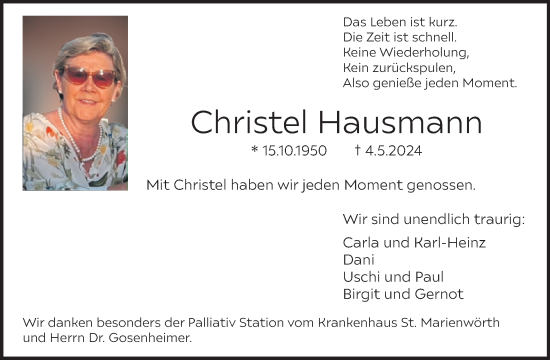 Traueranzeige von Christel Hausmann von WochenSpiegel