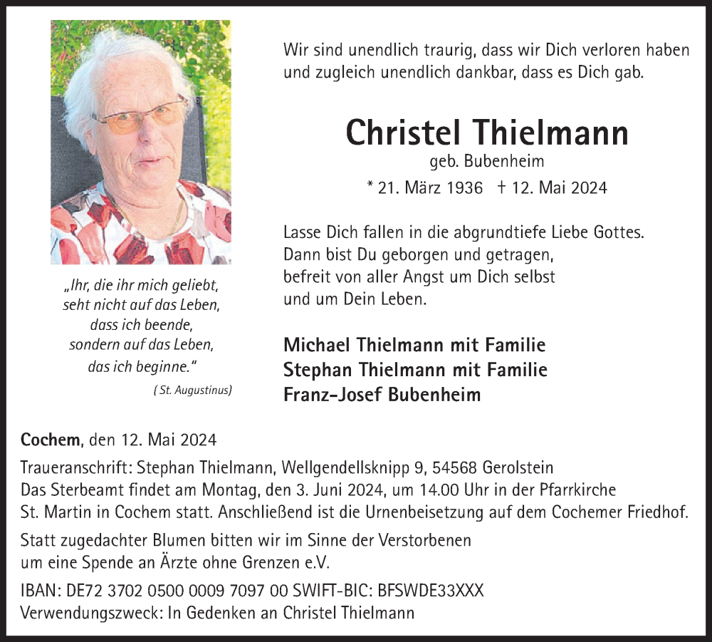  Traueranzeige für Christel Thielmann vom 22.05.2024 aus WochenSpiegel