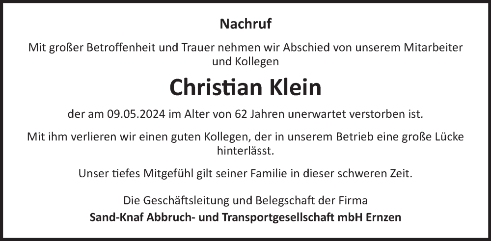  Traueranzeige für Christian Klein vom 24.05.2024 aus WochenSpiegel