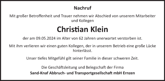 Traueranzeige von Christian Klein von WochenSpiegel