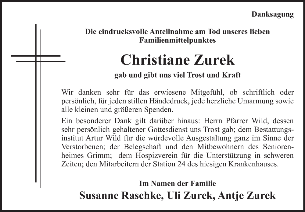  Traueranzeige für Christiane Zurek vom 04.05.2024 aus WochenSpiegel