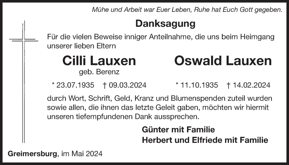  Traueranzeige für Cilli Lauxen  vom 08.05.2024 aus WochenSpiegel