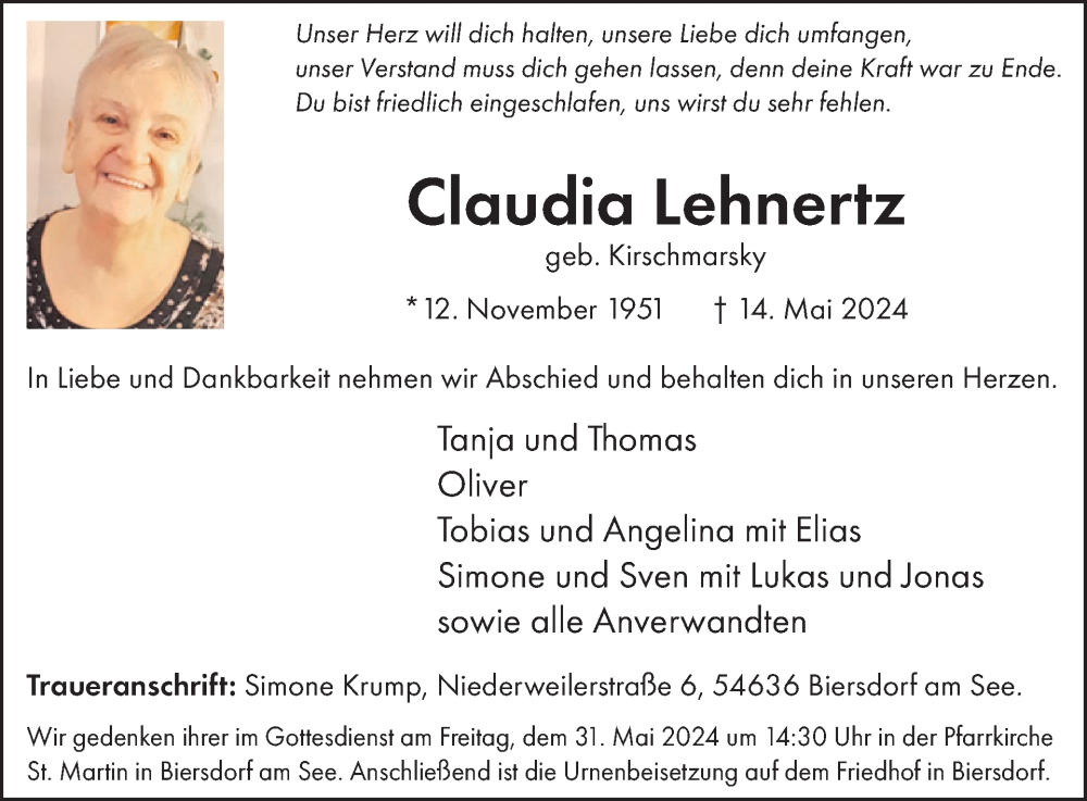  Traueranzeige für Claudia Lehnertz vom 24.05.2024 aus WochenSpiegel