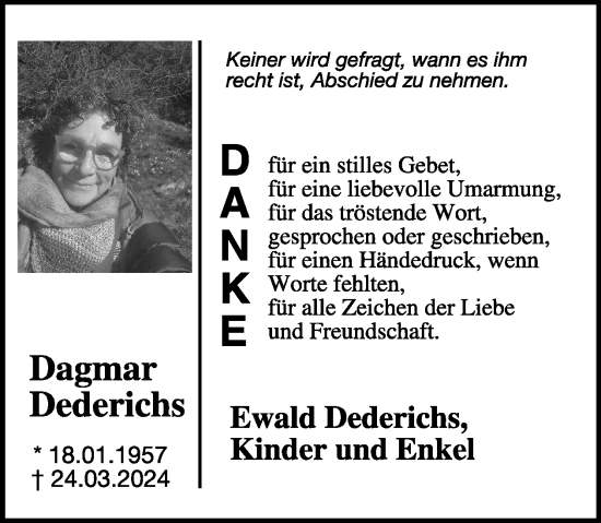 Traueranzeige von Dagmar Dederichs von WochenSpiegel Trauer