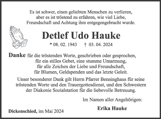 Traueranzeige von Detlef Udo Hauke von WochenSpiegel
