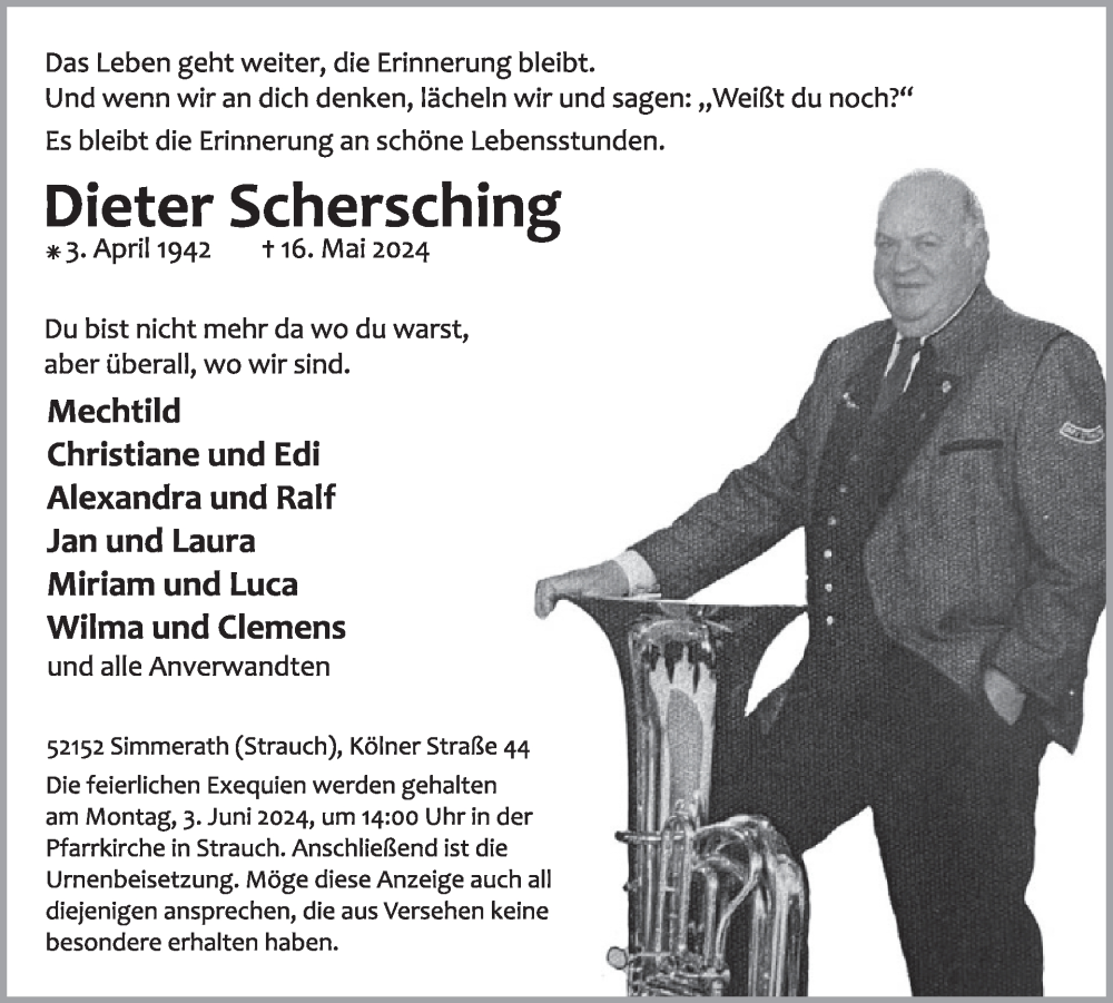 Traueranzeige für Dieter Schersching vom 29.05.2024 aus WochenSpiegel
